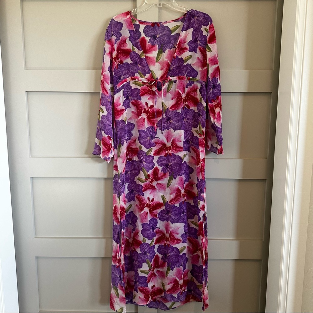 Sheer Swim Cover Up Dress Pink Purple Orchid Side Splits with Tie
